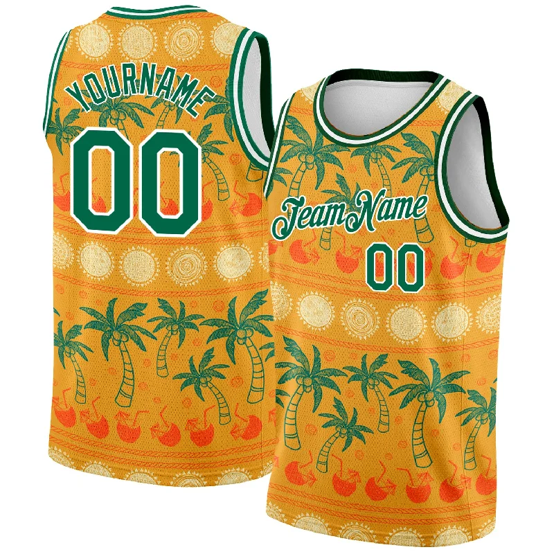 Basketball Jersey With Ribbed Armholes-Custom Bay Orange Kelly Green-White 3D Pattern Hawaii Beach Palm Trees Authentic Basketball Jersey