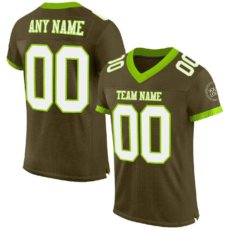 Football Jersey With Tie-Dye Design-Custom Olive White-Neon Green Mesh Authentic Salute To Service Football Jersey