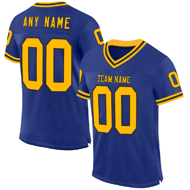 Football Jersey With Temperature Control-Custom Royal Gold-Black Mesh Authentic Throwback Football Jersey