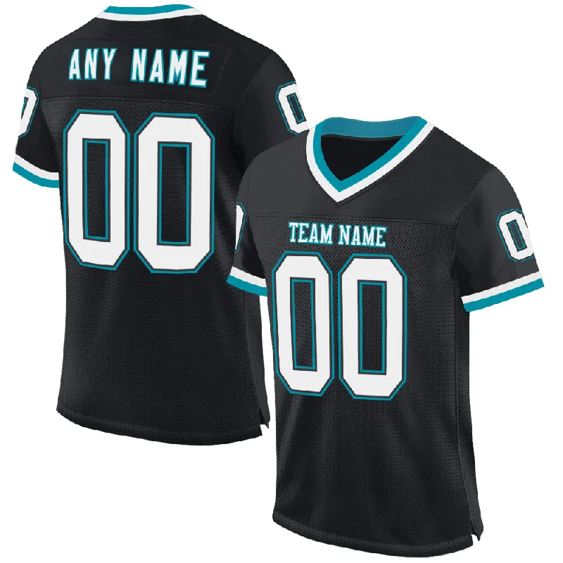 Football Jersey With Tournament Logo-Custom Black White-Teal Mesh Authentic Throwback Football Jersey