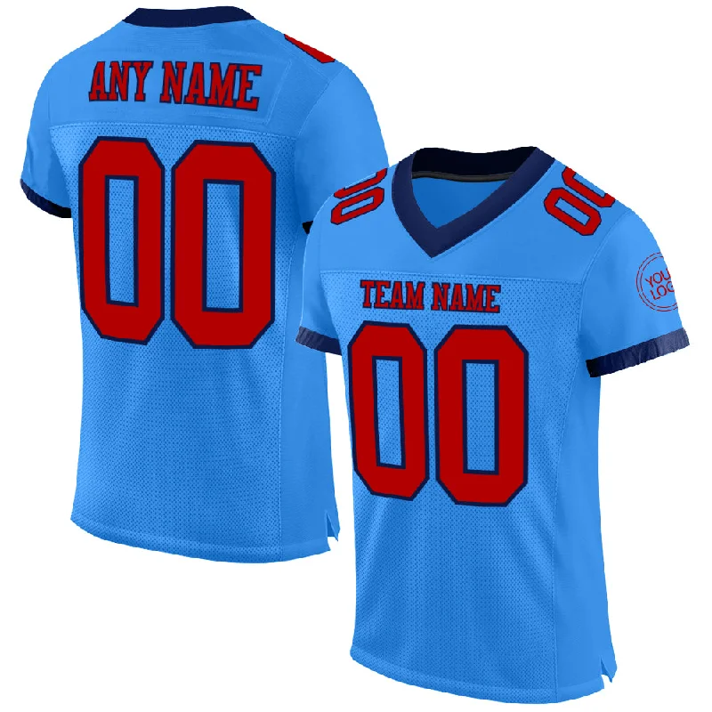 Football Jersey With Zip Closure-Custom Powder Blue Red-Navy Mesh Authentic Football Jersey