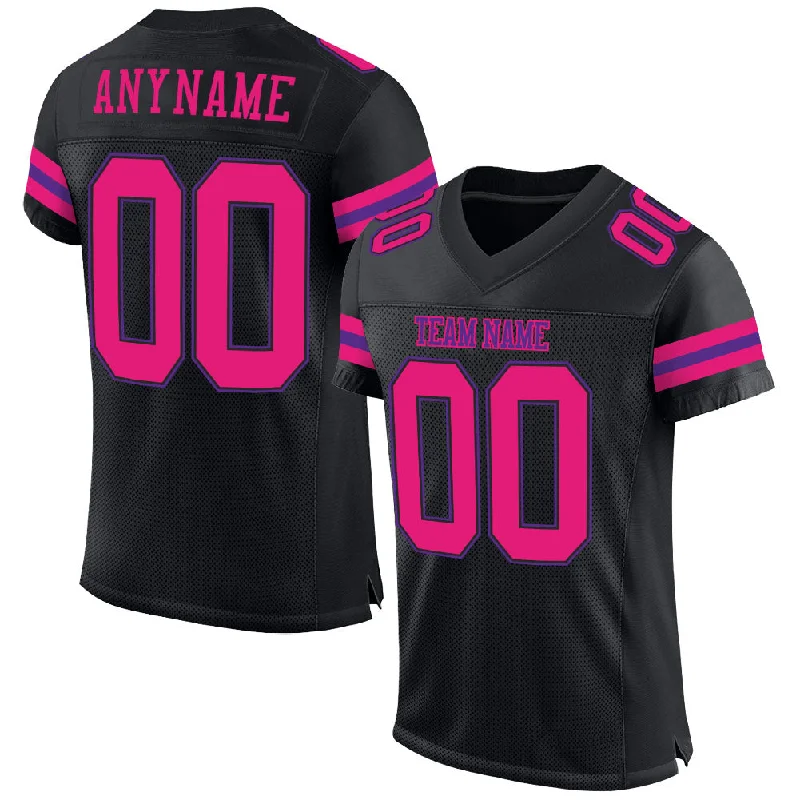 Football Jersey With Sublimated Print-Custom Black Hot Pink-Purple Mesh Authentic Football Jersey