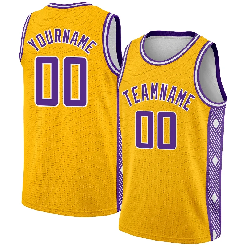 Basketball Jersey With Sweat Absorption Tech-Custom Gold Purple-White Side Panel Abstract Lines Authentic City Edition Basketball Jersey