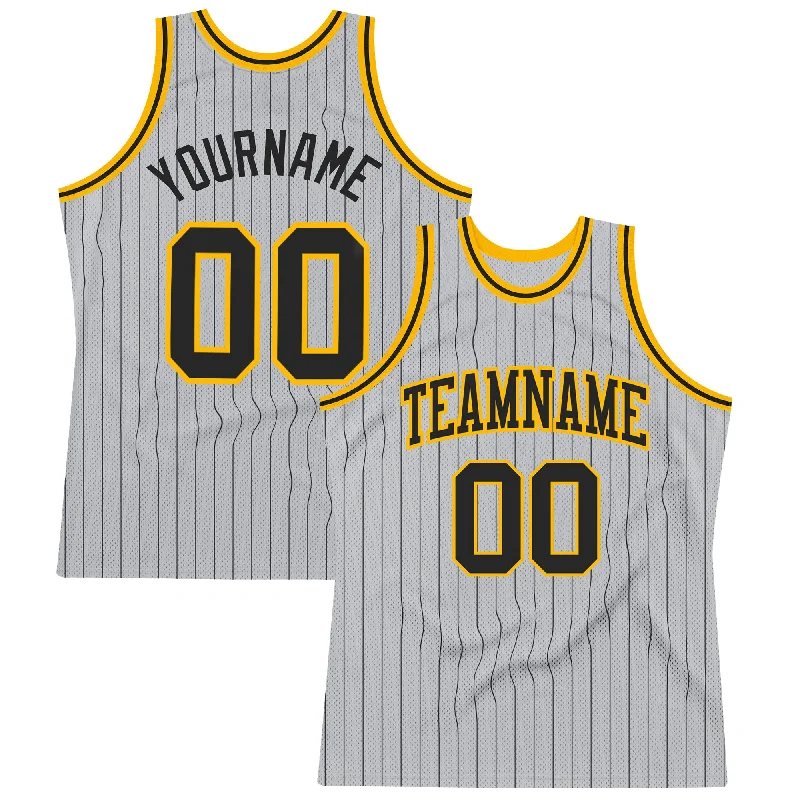 Basketball Jersey With Custom Font Styles-Custom Gray Black Pinstripe Black-Gold Authentic Basketball Jersey