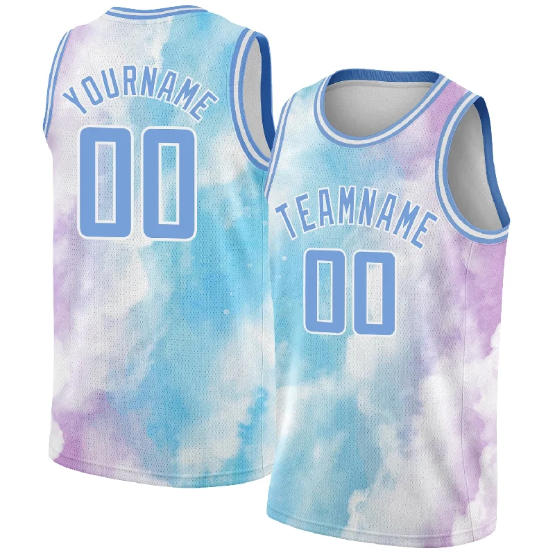 Basketball Jersey With Championship Edition-Custom White Light Blue-Purple 3D Pattern Design Sky With Clouds Watercolor Style Authentic Basketball Jersey