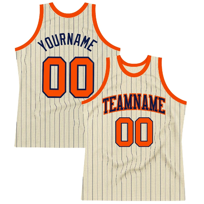 Basketball Jersey With Stretchable Fabric-Custom Cream Navy Pinstripe Orange Authentic Basketball Jersey