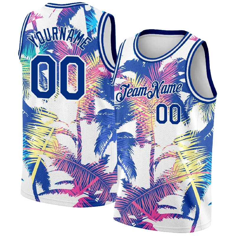 Basketball Jersey With Minimal Branding-Custom White Royal 3D Pattern Tropical Hawaii Palm Trees Authentic Basketball Jersey