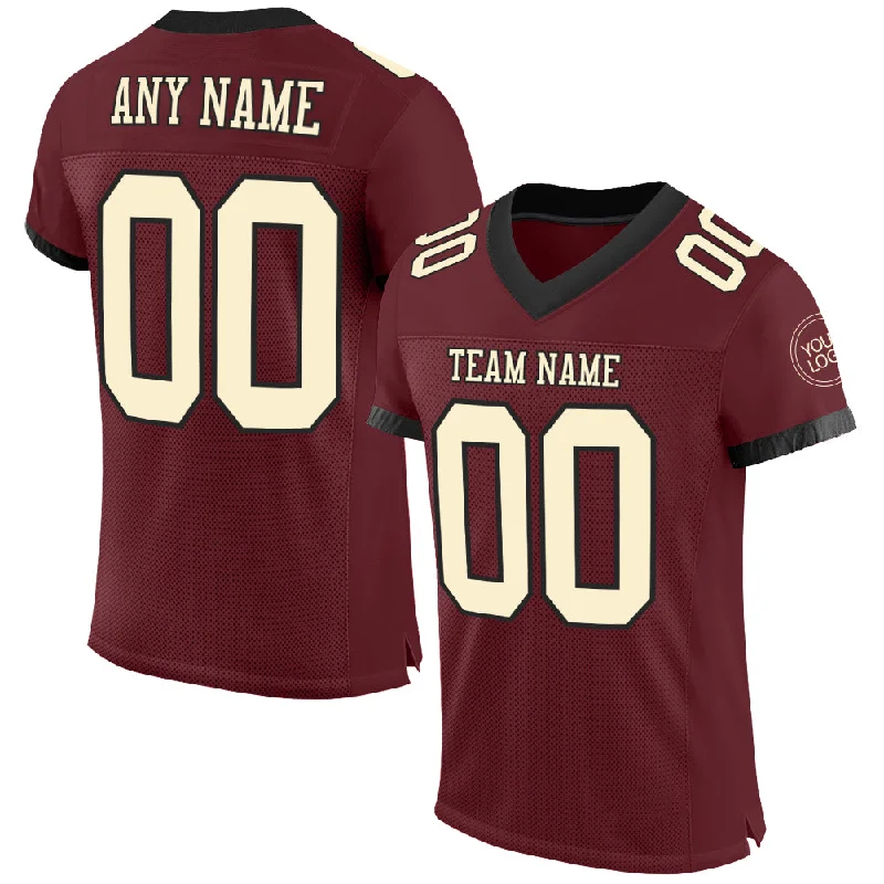 Football Jersey For Winter Training-Custom Burgundy Cream-Black Mesh Authentic Football Jersey