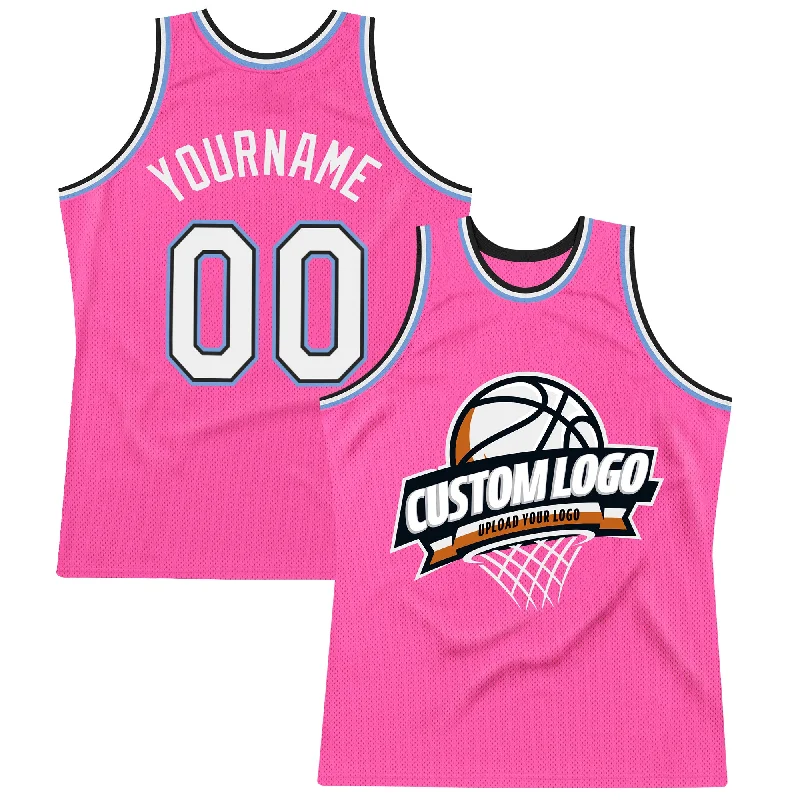 Basketball Jersey With Side Slits-Custom Pink White Black-Light Blue Authentic Throwback Basketball Jersey