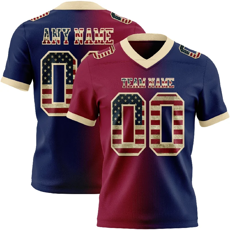 Football Jersey With Zip Closure-Custom Navy Vintage USA Flag Maroon-Cream Mesh Authentic Gradient Fashion Football Jersey