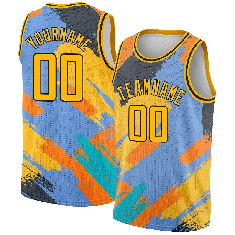 Basketball Jersey With 360-Degree Stretch-Custom Light Blue Gold-Black 3D Pattern Design Abstract Brush Stroke Shapes Authentic Basketball Jersey