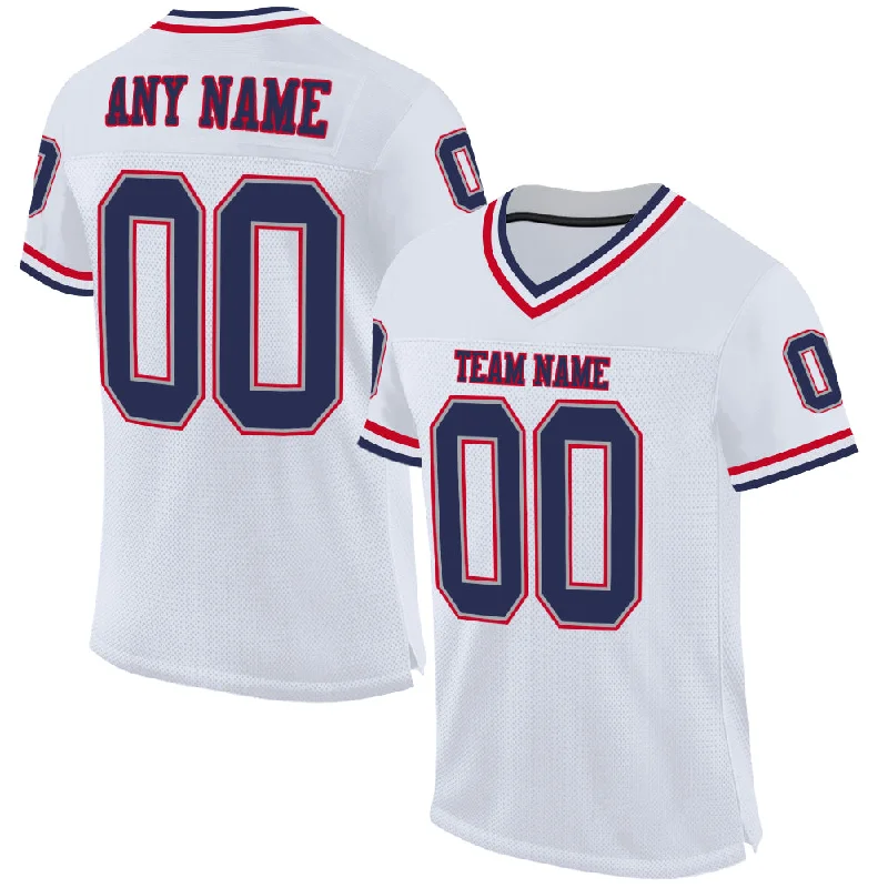 Football Jersey With Zip Closure-Custom White Navy-Red Mesh Authentic Throwback Football Jersey