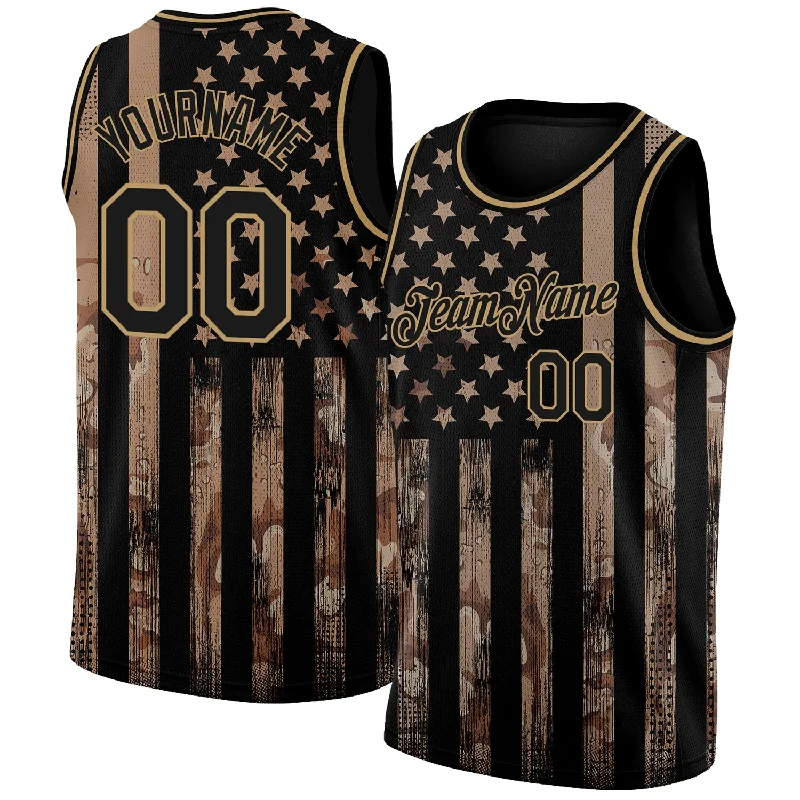 Basketball Jersey For Winter Training-Custom Camo Black-Old Gold 3D American Flag Fashion Authentic Salute To Service Basketball Jersey