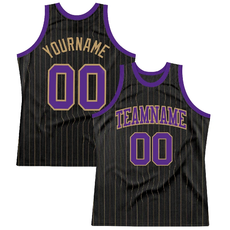 Basketball Jersey With Ventilated Side Panels-Custom Black Old Gold Pinstripe Purple-Old Gold Authentic Basketball Jersey