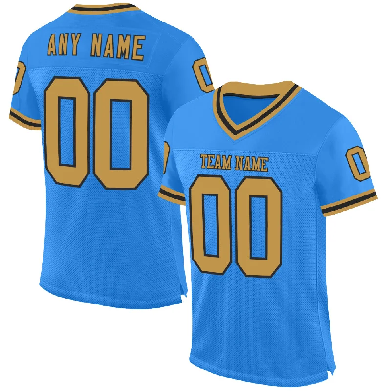 Football Jersey With Bold Lettering-Custom Powder Blue Old Gold-Black Mesh Authentic Throwback Football Jersey