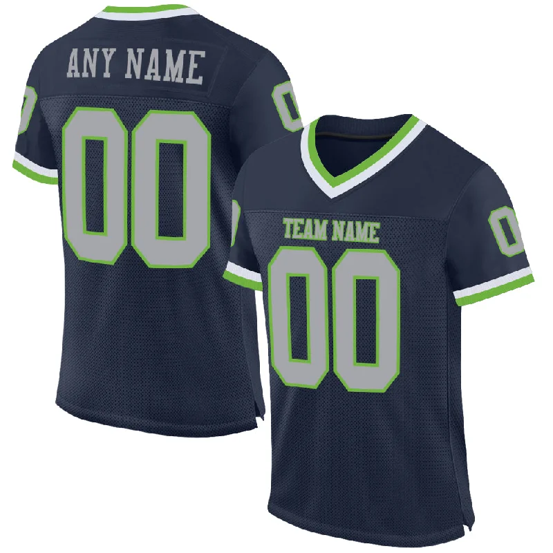 Football Jersey With Camo Print-Custom Navy Gray-Neon Green Mesh Authentic Throwback Football Jersey