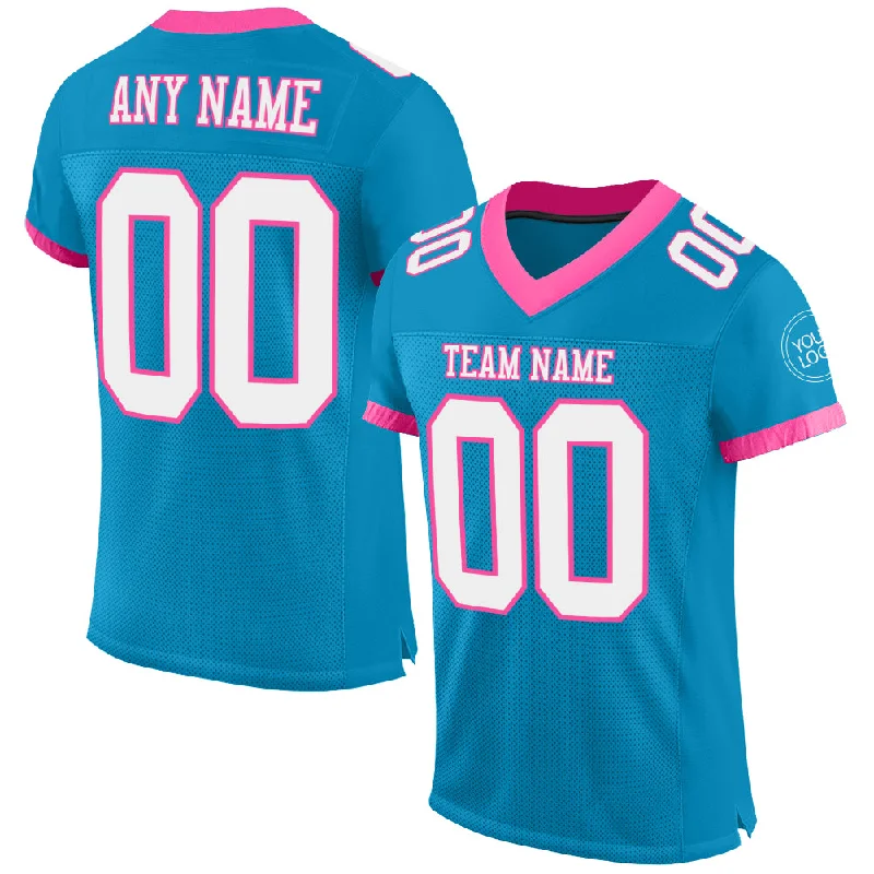 Football Jersey With Inspirational Quotes-Custom Panther Blue White-Pink Mesh Authentic Football Jersey