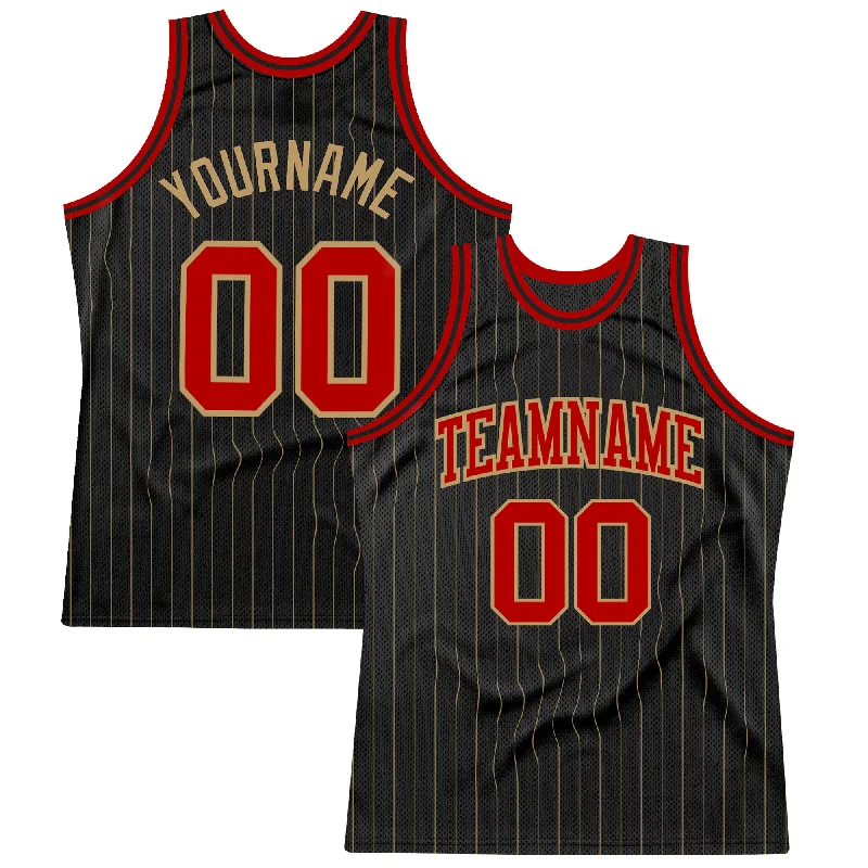 Basketball Jersey With Embroidery-Custom Black Old Gold Pinstripe Red-Old Gold Authentic Basketball Jersey