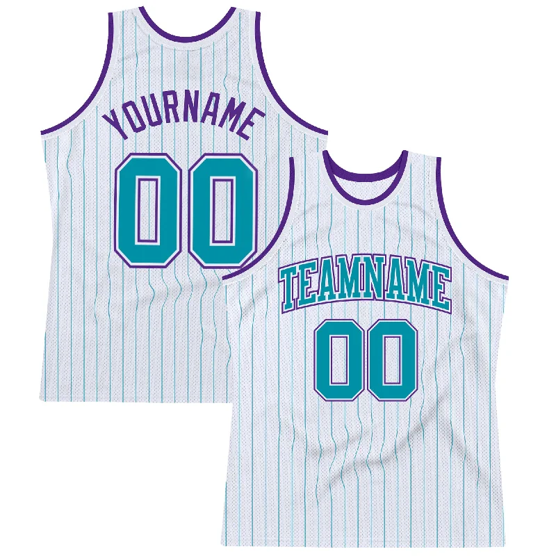 Basketball Jersey With Urban Fashion Appeal-Custom White Teal Pinstripe Teal-Purple Authentic Basketball Jersey