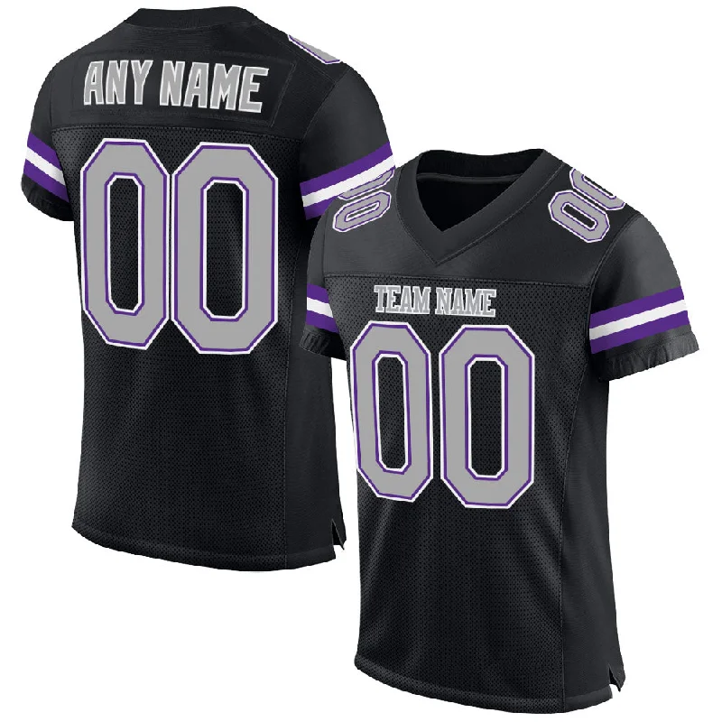 Football Jersey With Custom Artwork-Custom Black Gray-Purple Mesh Authentic Football Jersey