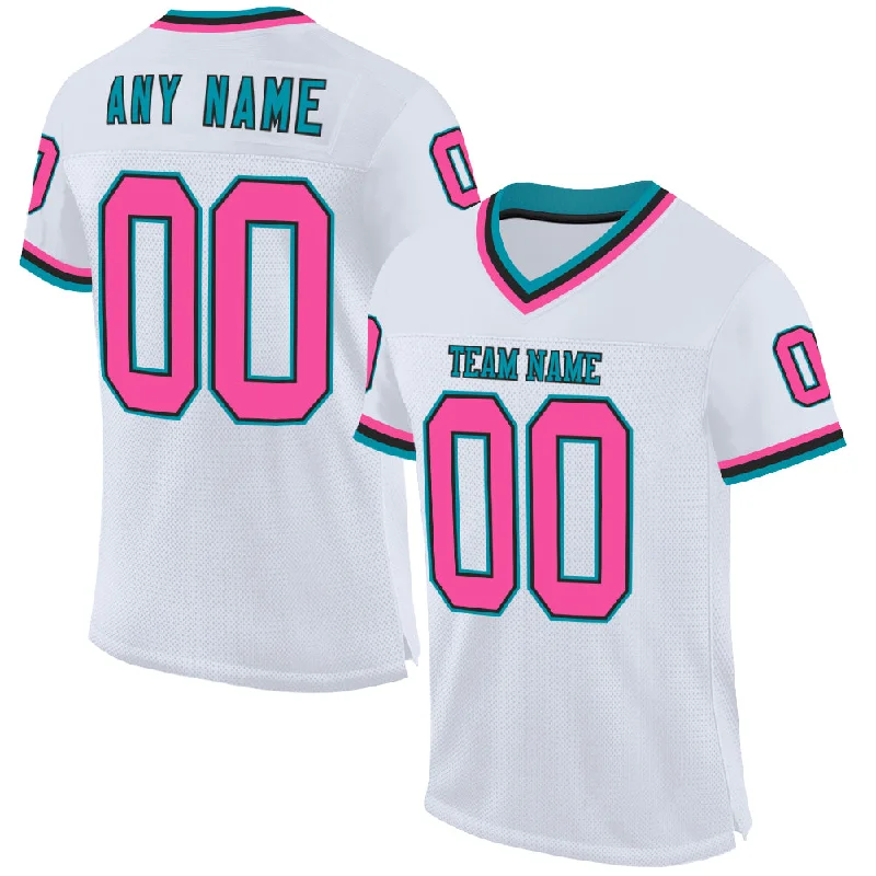 Football Jersey With Minimal Branding-Custom White Pink Black-Teal Mesh Authentic Throwback Football Jersey