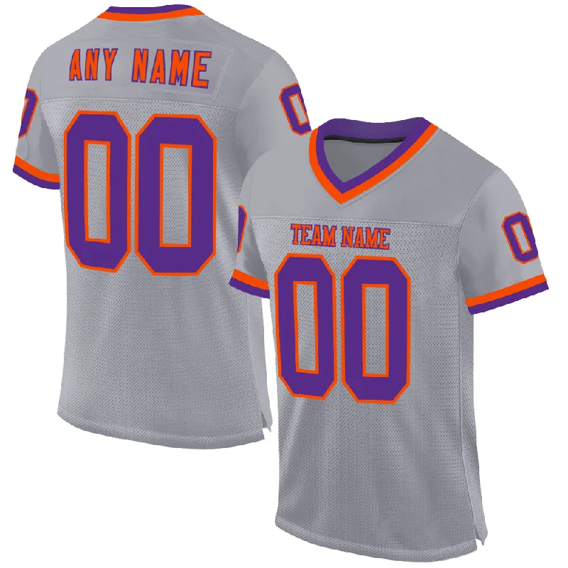 Football Jersey With Reinforced Seams-Custom Gray Purple-Orange Mesh Authentic Throwback Football Jersey