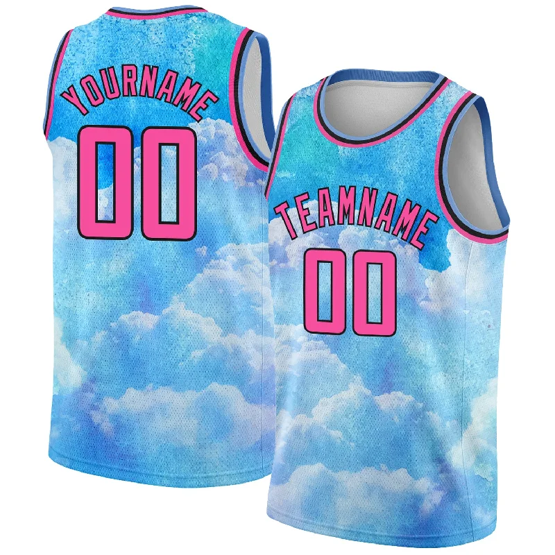 Basketball Jersey With College Team Logos-Custom Sky Blue Pink-Black 3D Pattern Design Sky With Clouds Watercolor Style Authentic Basketball Jersey