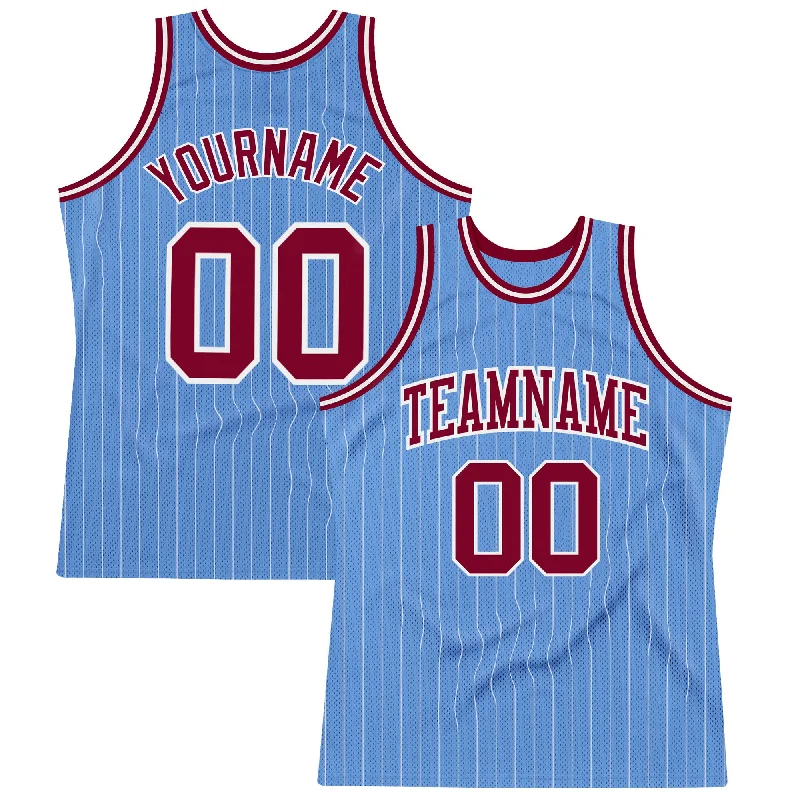 Basketball Jersey With Player Tribute-Custom Light Blue White Pinstripe Maroon Authentic Basketball Jersey