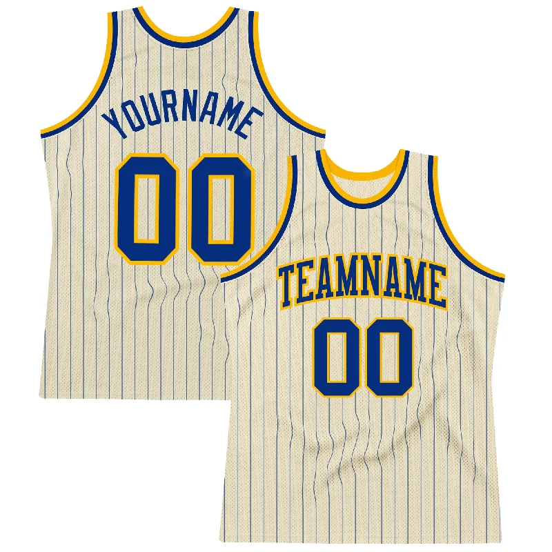 Basketball Jersey With Button-Up Style-Custom Cream Royal Pinstripe Royal-Gold Authentic Basketball Jersey