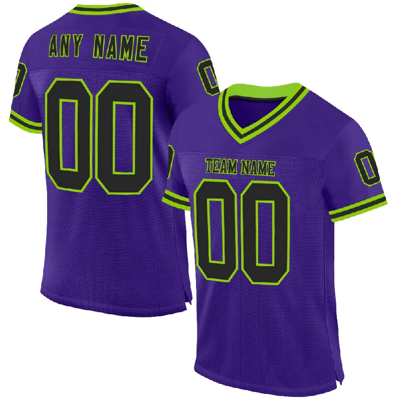 Football Jersey With Championship Edition-Custom Purple Black-Neon Green Mesh Authentic Throwback Football Jersey