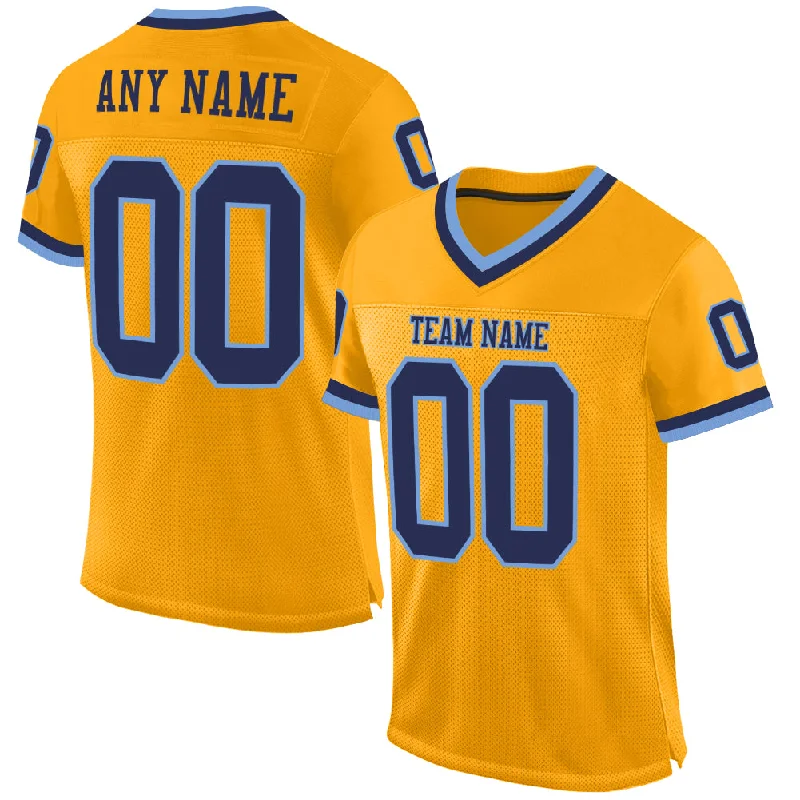 Football Jersey With Inspirational Quotes-Custom Gold Navy-Light Blue Mesh Authentic Throwback Football Jersey