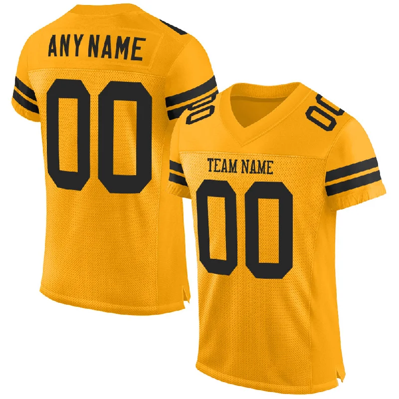 Football Jersey With Classic Pinstripes-Custom Gold Black Mesh Authentic Football Jersey