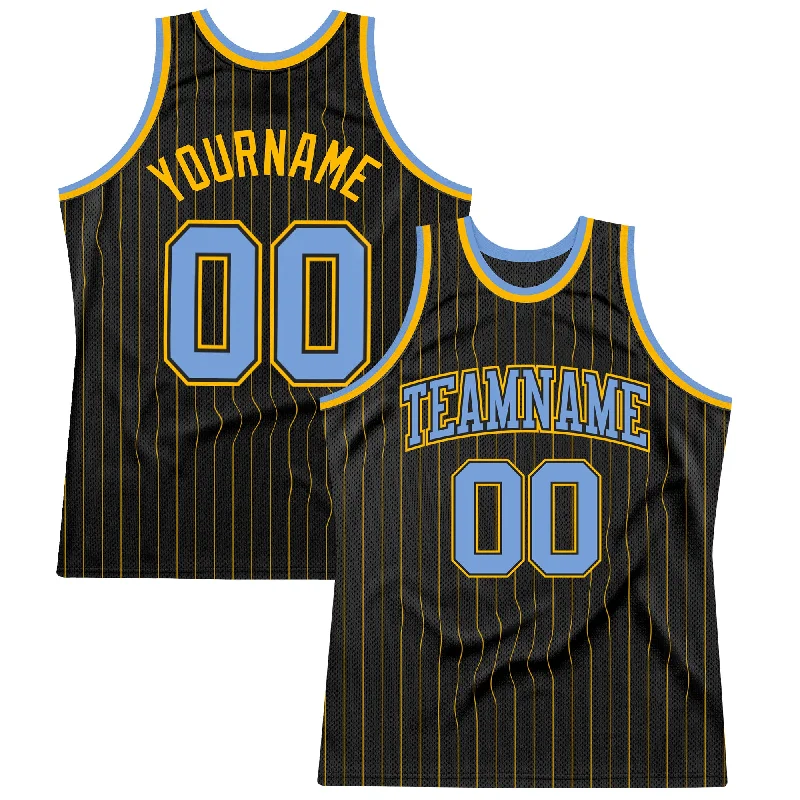 Basketball Jersey With Extra Ventilation-Custom Black Gold Pinstripe Light Blue-Gold Authentic Basketball Jersey