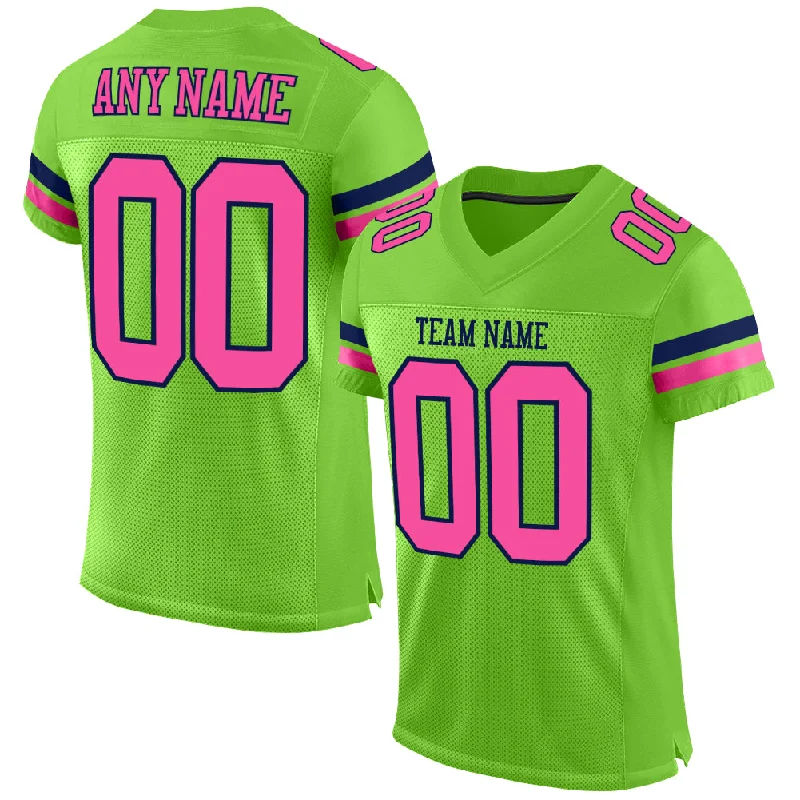 Football Jersey With Built-In Tank Top-Custom Neon Green Pink-Navy Mesh Authentic Football Jersey