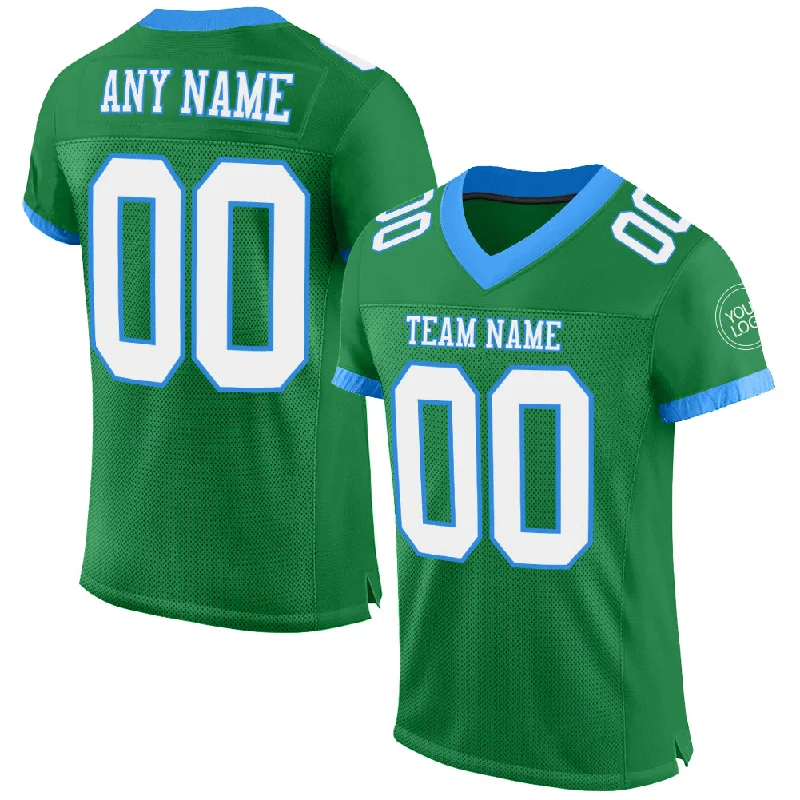 Football Jersey With Button-Up Style-Custom Grass Green White-Powder Blue Mesh Authentic Football Jersey