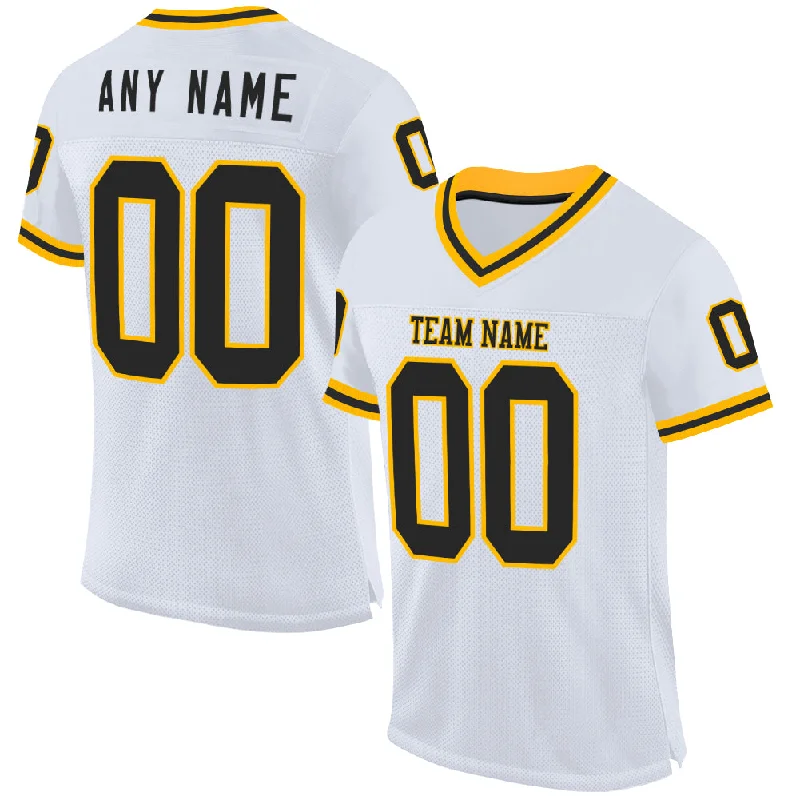 Football Jersey With Button-Up Style-Custom White Black-Gold Mesh Authentic Throwback Football Jersey