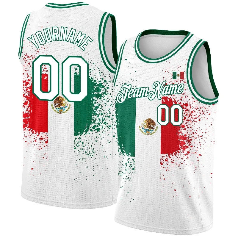 Basketball Jersey With Wrinkle-Free Design-Custom White Kelly Green-Red 3D Mexican Flag Authentic Basketball Jersey