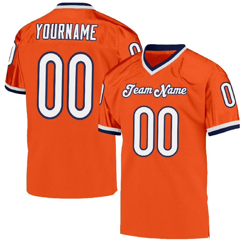 Football Jersey With Stretchable Fabric-Custom Orange White-Navy Mesh Authentic Throwback Football Jersey