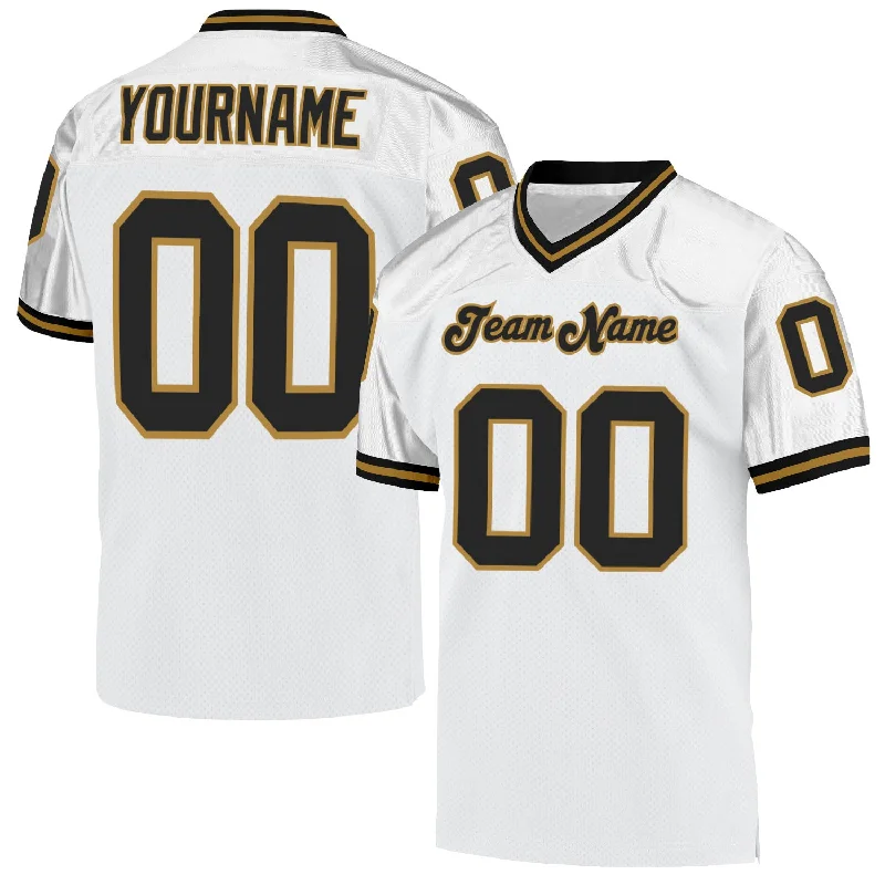 Football Jersey With Stitched Logos-Custom White Black-Old Gold Mesh Authentic Throwback Football Jersey