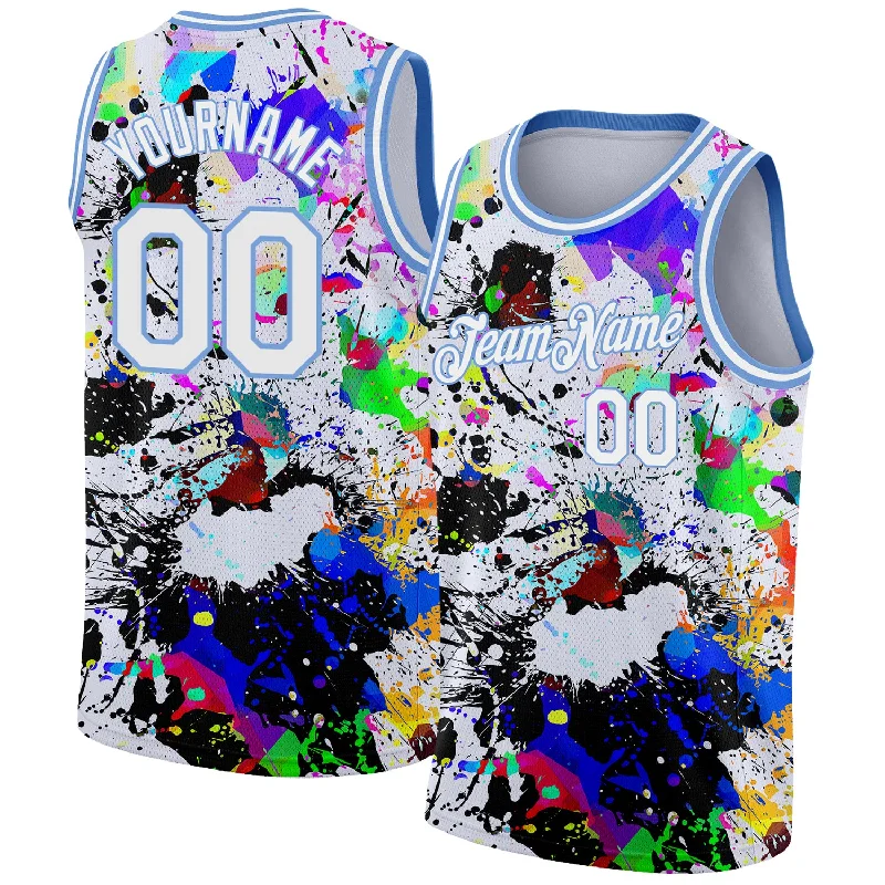 Basketball Jersey For Toddlers-Custom Graffiti Pattern White-Light Blue 3D Grunge Art Authentic Basketball Jersey