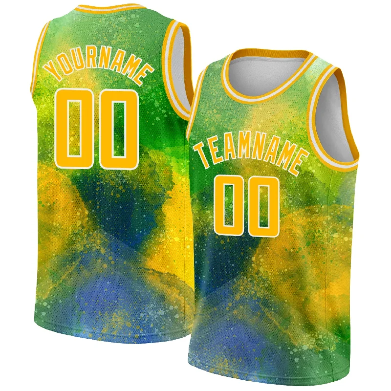 Basketball Jersey With Glow-In-The-Dark Print-Custom Neon Green Gold-White 3D Pattern Design Abstract Psychedelic Liquid Authentic Basketball Jersey