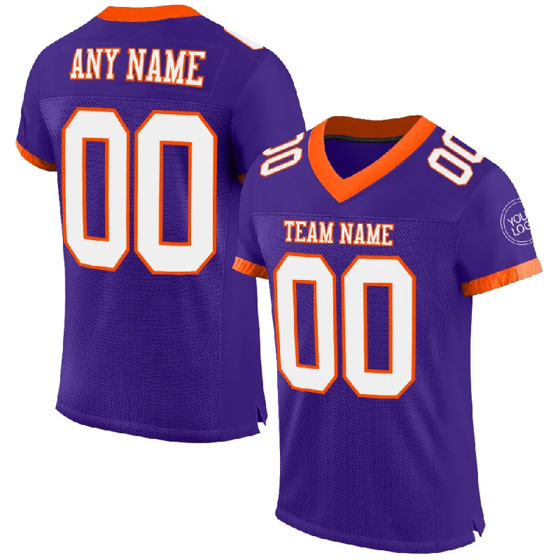 Football Jersey With Double Stitching-Custom Purple White-Orange Mesh Authentic Football Jersey