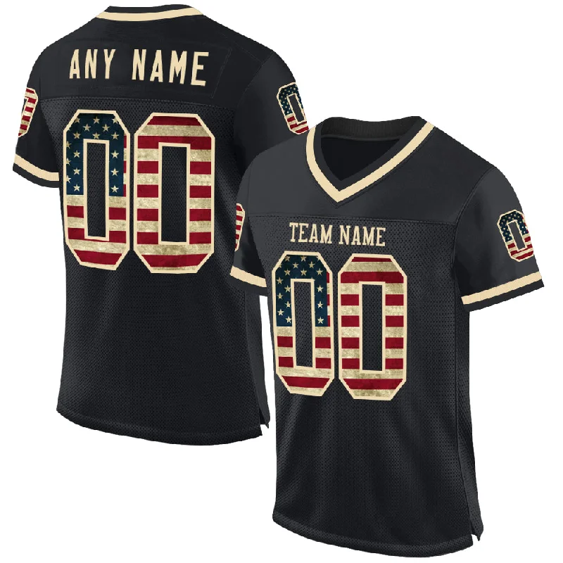 Football Jersey With UV Protection-Custom Black Vintage USA Flag-Cream Mesh Authentic Throwback Football Jersey