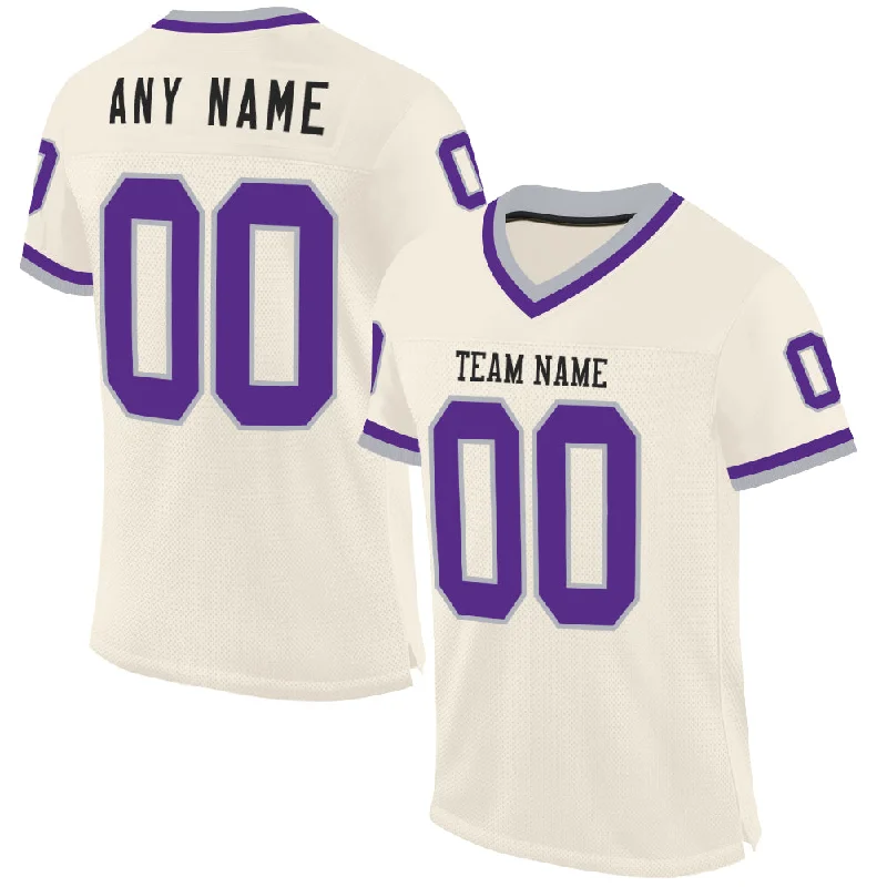 Football Jersey With Tournament Logo-Custom Cream Purple-Gray Mesh Authentic Throwback Football Jersey