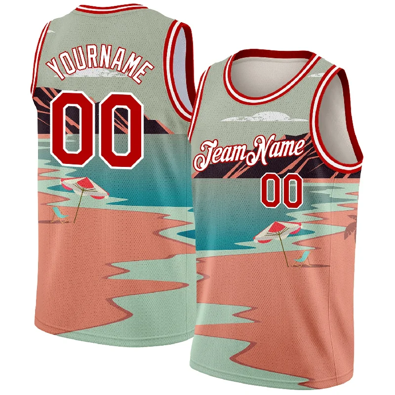 Basketball Jersey With Iconic Number-Custom Teal Red-White 3D Pattern Tropical Beach Hawaii Palm Trees Authentic Basketball Jersey