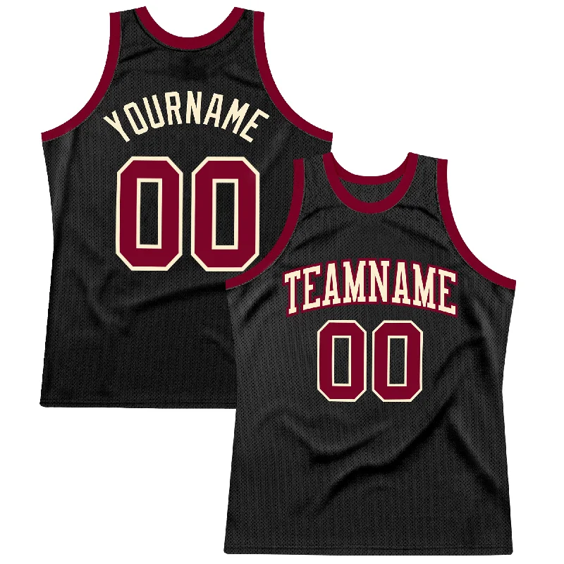 Basketball Jersey With Snap Button Closure-Custom Black Maroon-Cream Authentic Throwback Basketball Jersey