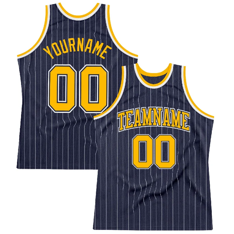 Basketball Jersey For Fast Players-Custom Navy White Pinstripe Gold Authentic Basketball Jersey