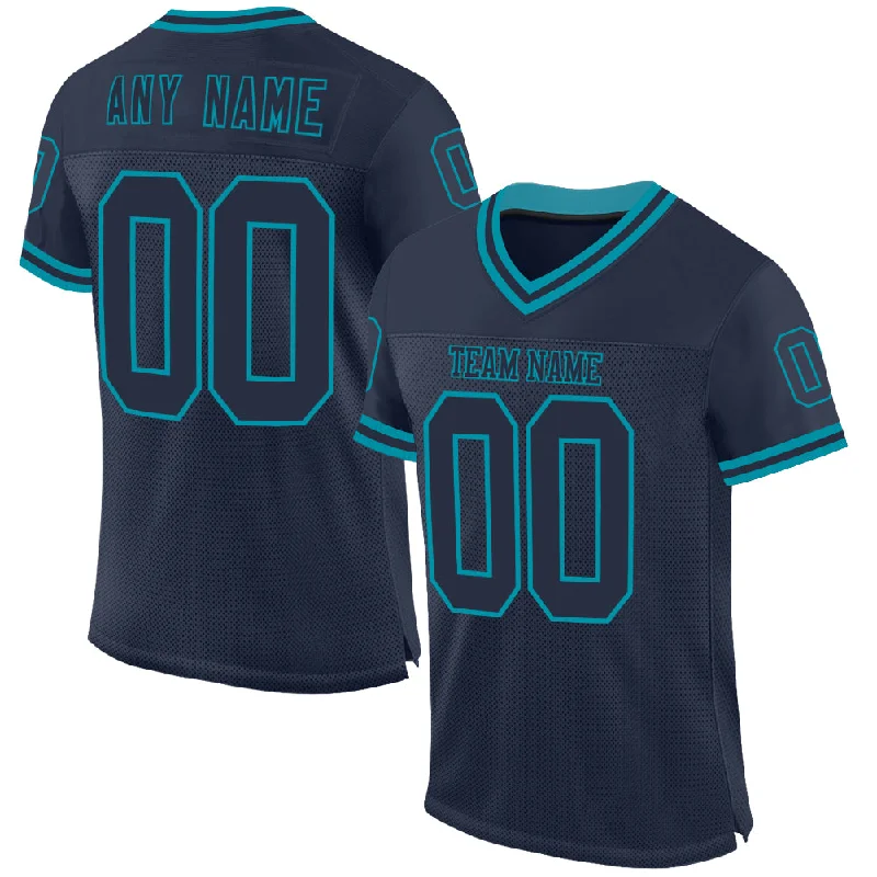 Football Jersey For Game Day-Custom Navy Teal Mesh Authentic Throwback Football Jersey