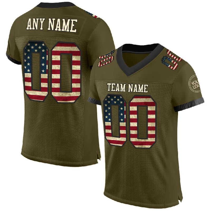 Football Jersey With Gold Accents-Custom Olive Vintage USA Flag Cream-Black Mesh Authentic Salute To Service Football Jersey