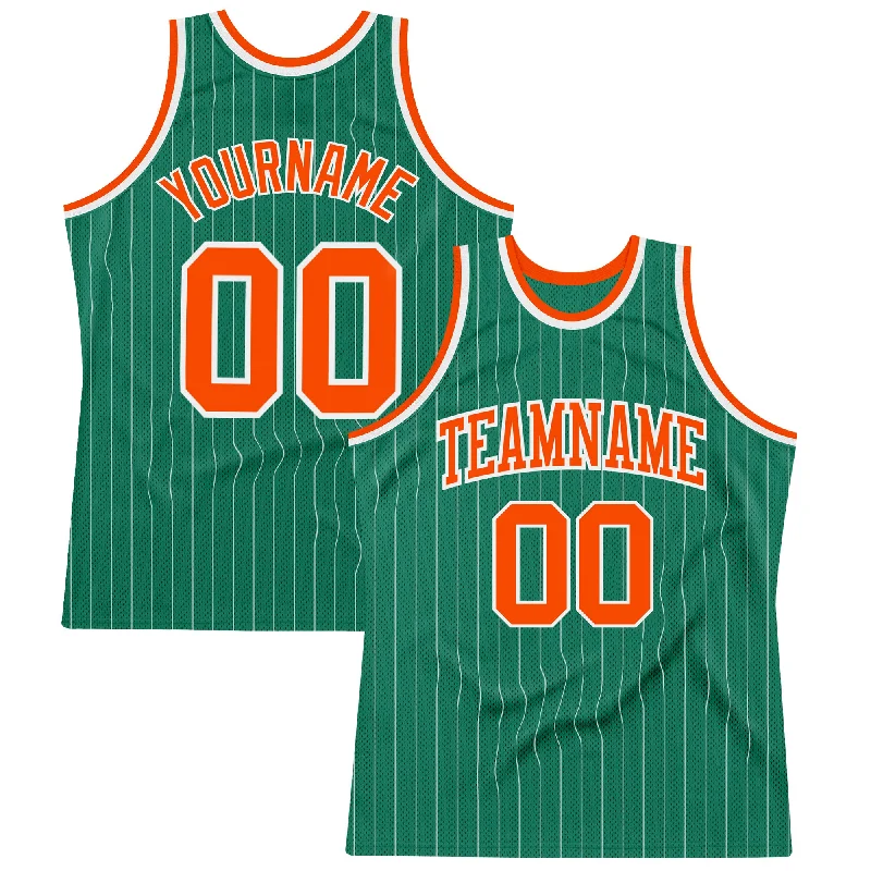 Basketball Jersey With Satin Finish-Custom Kelly Green White Pinstripe Orange Authentic Basketball Jersey